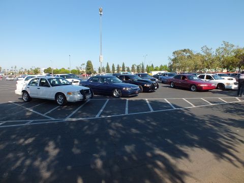 White, blue, and maroon full-size sedans parked in a sunny open lot