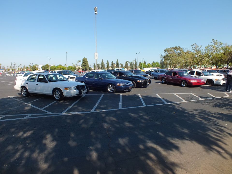 White, blue, and maroon full-size sedans parked in a sunny open lot