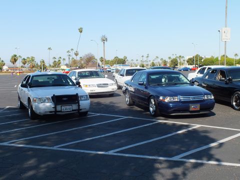 Silver Ford sedan and dark blue Ford sedan parked nose-out in a lot
