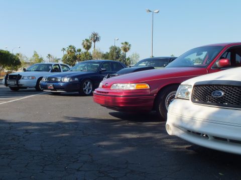 Lineup of sedans including a red Ford Taurus and white car, low angle