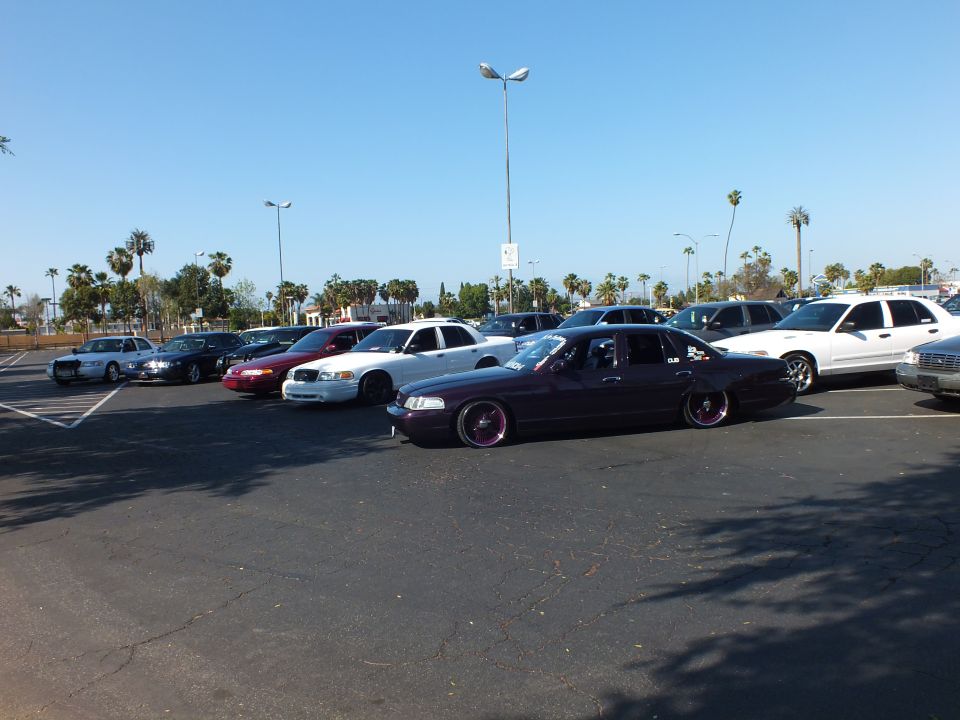 Maroon lowered sedan among white sedans in a wide parking lot under blue sky