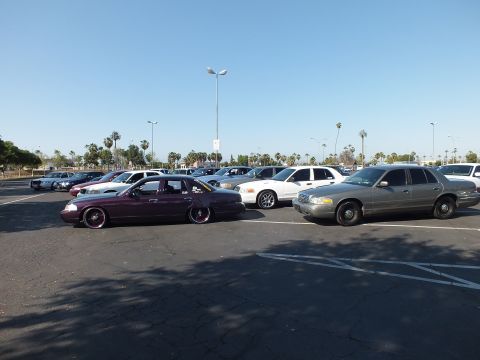 Maroon lowered sedan and tan sedan parked nose-to-nose in a lot