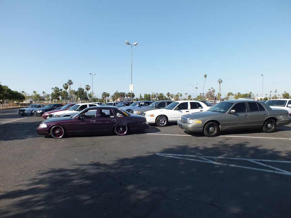Maroon lowered sedan and tan sedan parked nose-to-nose in a lot