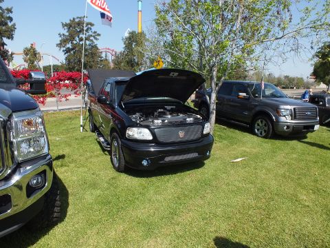 2003 Ford Crown Victoria - black Ford F-150 with raised hood and billet grille sits among other Ford trucks on grass under amusement-park rides.