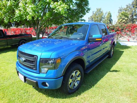 2003 Ford Crown Victoria - blue Ford F-150 FX4 crew-cab pickup with alloy wheels parked on grass beneath trees at a show, red foliage behind.