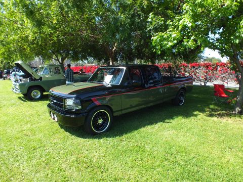 2003 Ford Crown Victoria - black lowered Ford crew-cab pickup with a red accent stripe and black wheels parked in shade at an outdoor car show.