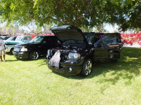 2003 Ford Crown Victoria - black Ford SUV with open hood and doors and a sunroof sits in tree shade at a car show beside other show vehicles.