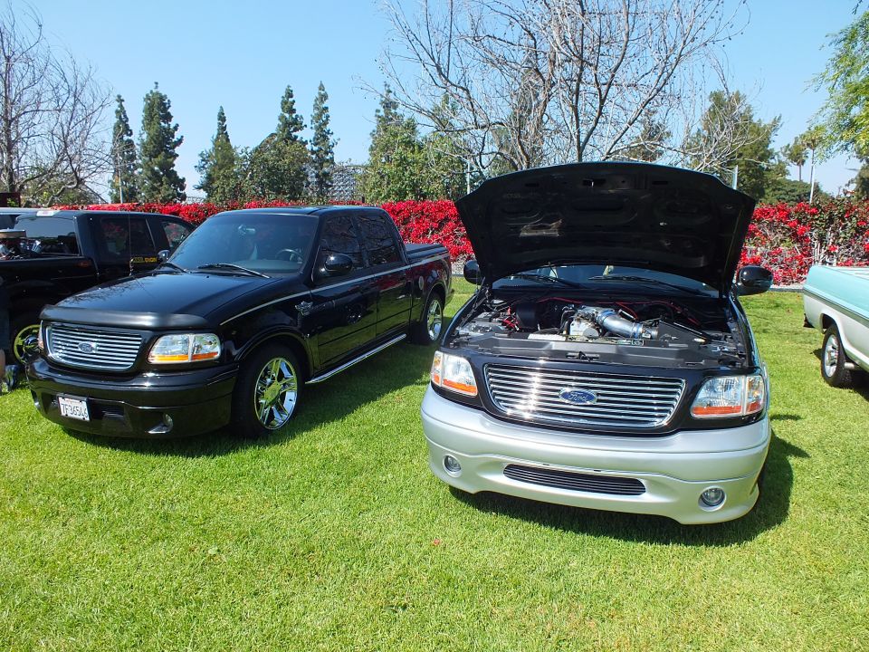 Black Ford F-150 next to silver-and-black F-150 with open hood at car show