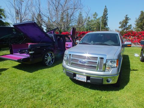2003 Ford Crown Victoria - silver Ford F-150 sits beside a black-and-purple custom truck with raised tailgate and a vertically opening door at a car show.