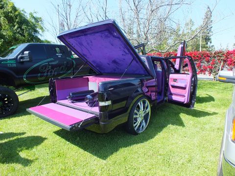 2003 Ford Crown Victoria - heavily customized truck with black exterior and purple-and-pink velvet bed and interior sits open-doored on a show lawn.
