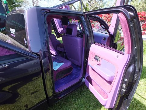 2003 Ford Crown Victoria - open rear door of a custom truck reveals pink leather seats, purple shag carpet and a color-matched door panel.
