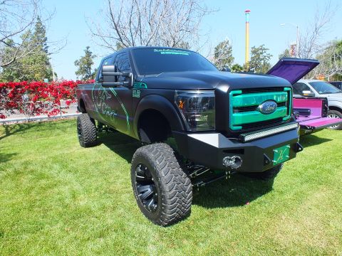 2003 Ford Crown Victoria - lifted matte-black Ford Super Duty with teal grille, green graphics and black wheels sits front-and-center on a show lawn.