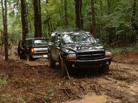 1995 Ford Bronco - Two SUVs are stuck in a muddy forest path, with one vehicle partially submerged in water.