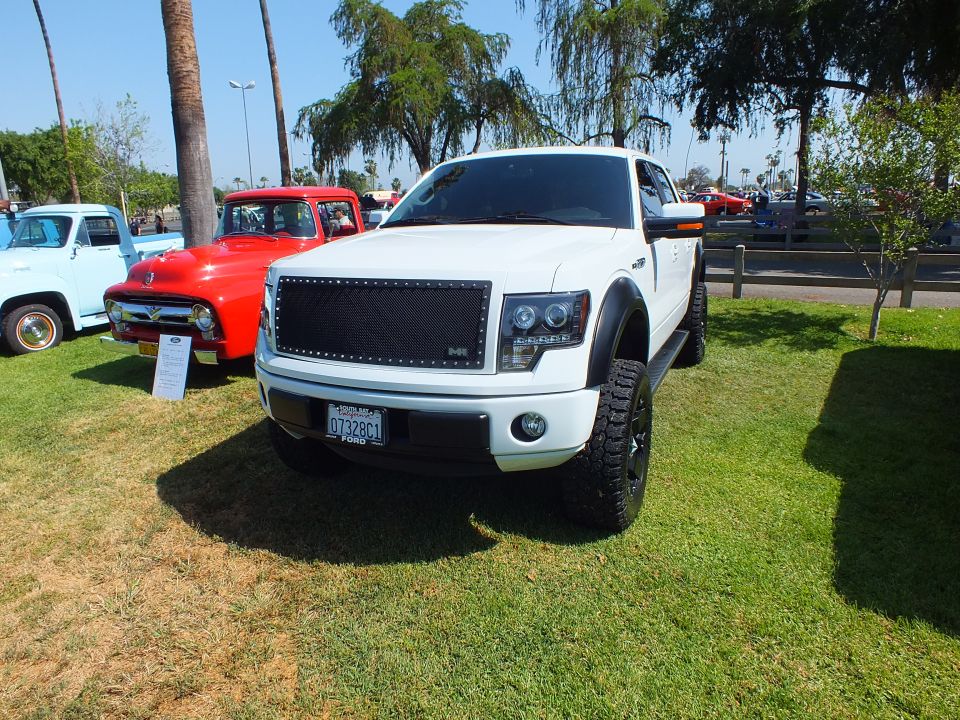 white Ford F-150 with black mesh grille and a red 1950s Ford F-100 parked on grass