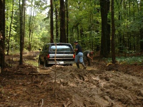 1995 Ford Bronco - Two individuals work to free a black 1995 Ford Bronco that is deeply stuck in thick mud within a wooded area.