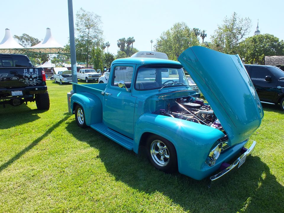 teal 1956 Ford F-100 pickup with hood up showing a polished engine, on grass at a car show