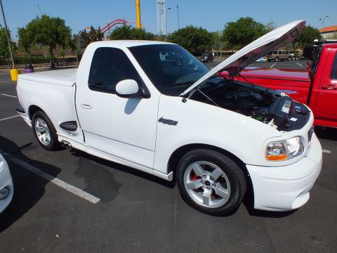 2003 Ford Crown Victoria - lineup of white Ford single-cab sport pickups with hoods raised, parked nose-out at an outdoor car show among palm trees.