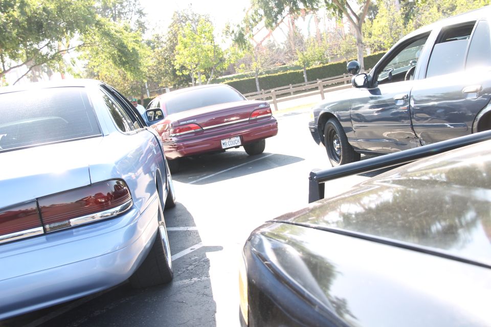 1992 Ford Crown Victoria rear view, parked next to a light blue sedan and a dark sedan
