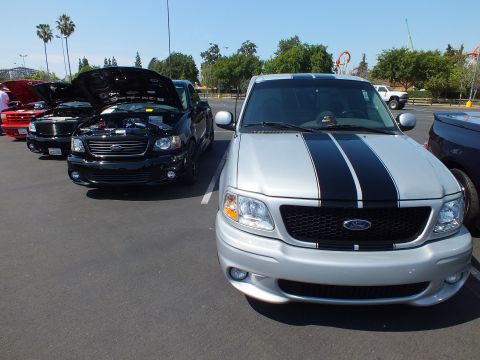2003 Ford Crown Victoria - silver Ford pickup with twin black racing stripes leads a row of trucks parked at an outdoor car show.