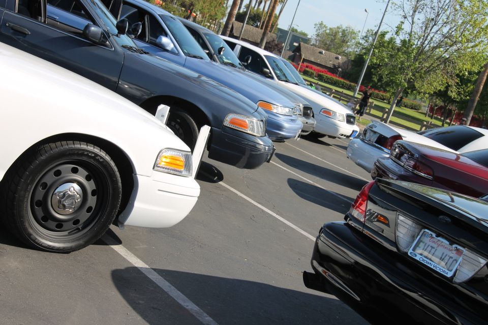 White Ford Crown Victoria police car front corner, parked in a line with other similar vehicles