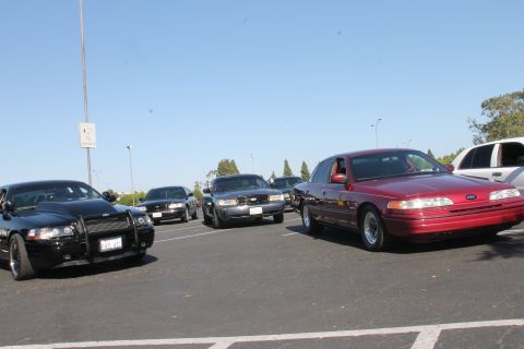 1992 Ford Crown Victoria - Several Ford Crown Victorias are gathered in a parking lot under a clear blue sky.