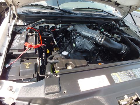 2003 Ford Crown Victoria - engine bay of a light-colored Ford truck with the hood up, showing the intake, coolant reservoir and connected jumper cables.