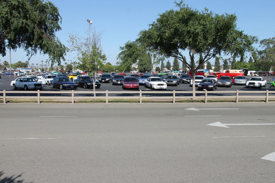 Cars parked in a lot with trees and a fence