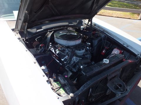 2003 Ford Crown Victoria - engine bay of a white car under a raised hood, showing a chrome round air cleaner, headers, and a black electric radiator fan.