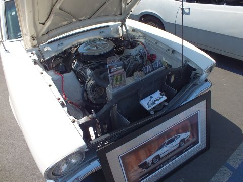 2003 Ford Crown Victoria - Close view of a white car's engine bay with a chrome air cleaner and decals, a framed promotional photo propped in front of the grille.