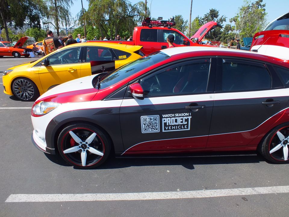 Ford Focus side decal reading WATCH SEASON 1 PROJECT VEHICLE