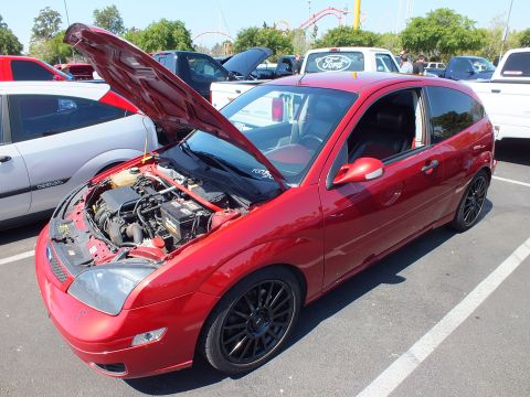 2003 Ford Crown Victoria - red Ford Focus three-door hatchback on black alloy wheels displays its engine bay with the hood propped open.