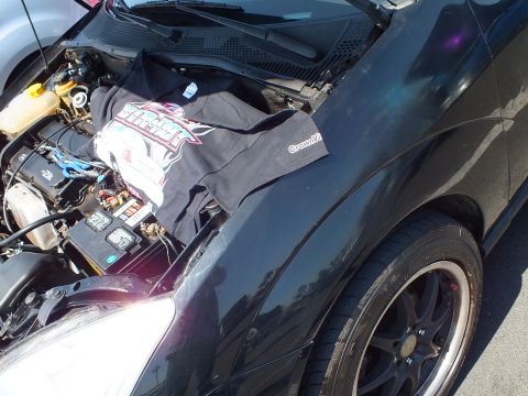 2003 Ford Crown Victoria - black car's front fender and open engine bay, with a graphic black T-shirt laid over the engine components.