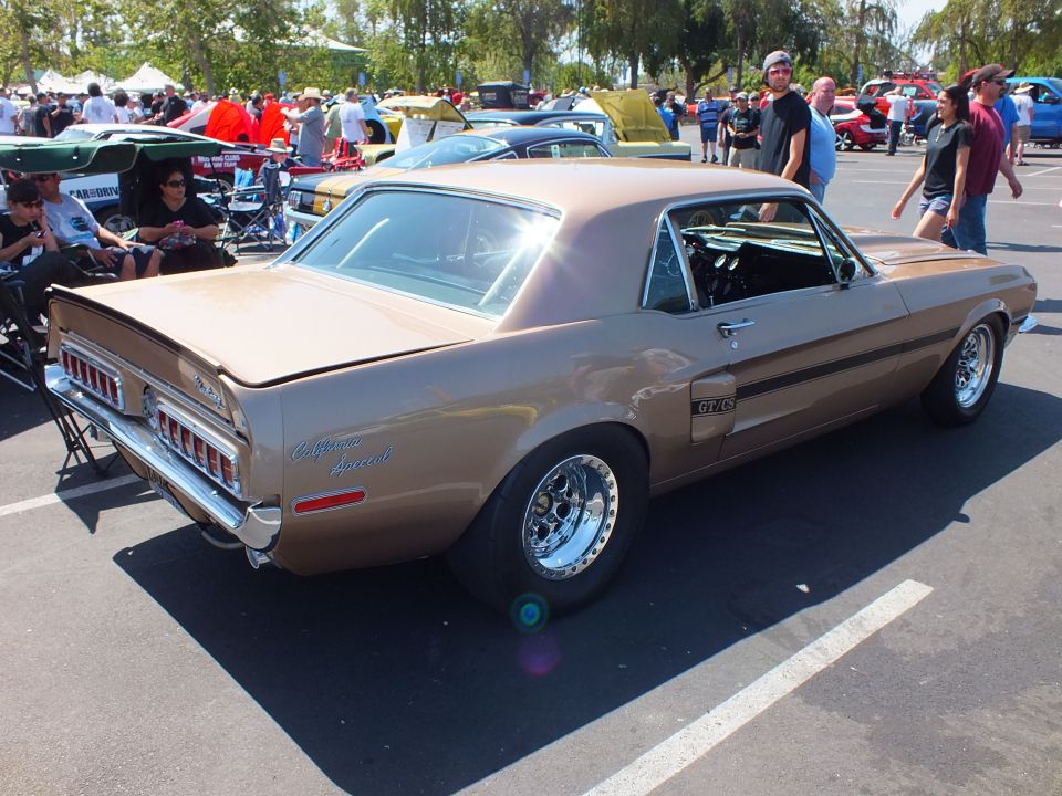 Gold-bronze classic Mustang coupe rear three-quarter with GT/CS badge at a car show