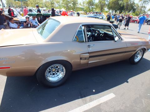 2003 Ford Crown Victoria - Side profile of a gold-bronze classic Mustang coupe wearing a GT/CS side badge and polished chrome wheels at a show.