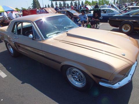 2003 Ford Crown Victoria - gold-bronze classic Mustang coupe with chrome bumpers and slotted wheels sits front-three-quarter at a car show.