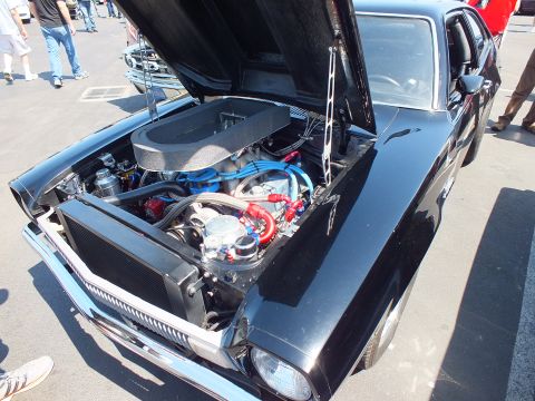 2003 Ford Crown Victoria - black car's engine bay shows a black air box, chrome master cylinder, blue plug wires and a black radiator under the hood.