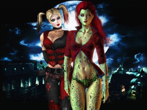 1991 Ford Bronco - Harley Quinn and Poison Ivy are depicted in a scene with a full moon and city skyline in the background.