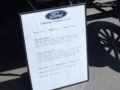 2003 Ford Crown Victoria - Photo of a car-show information placard describing a 1916 Ford Model T with specs and owner comments, not a technical document.