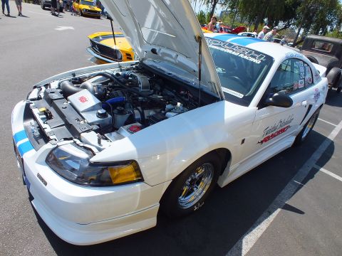 White Mustang coupe with hood open showing engine, at outdoor car show
