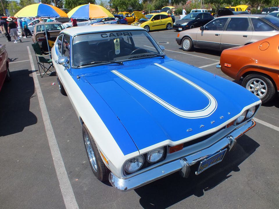 Blue and white Capri fastback coupe, front three-quarter view with CAPRI lettering