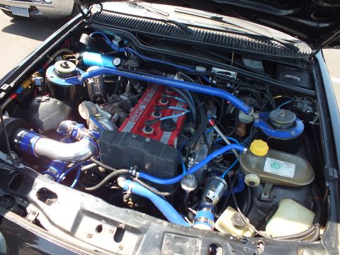 Engine bay with red twin-cam cover and blue strut brace and hoses