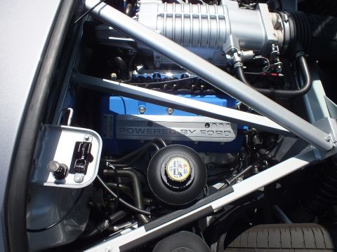 Blue V8 cam cover reading POWERED BY FORD under supercharger and brace