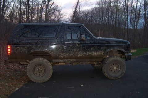 1996 Ford Bronco - A muddy black Ford Bronco is parked on a paved surface with trees in the background.