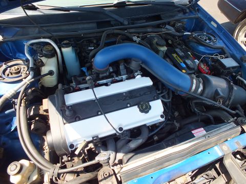 Engine bay of blue car with white valve cover and blue intake piping