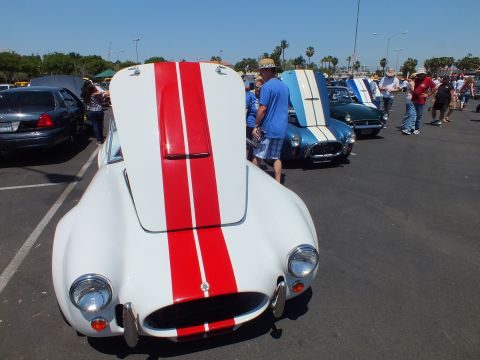 Front view of a white Cobra-style roadster with red racing stripes at a car show