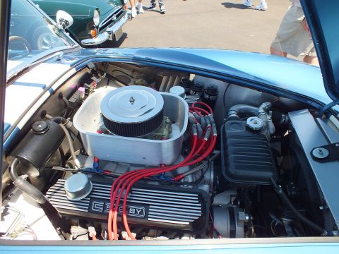 Engine bay with chrome air cleaner and SHELBY valve covers, red plug wires