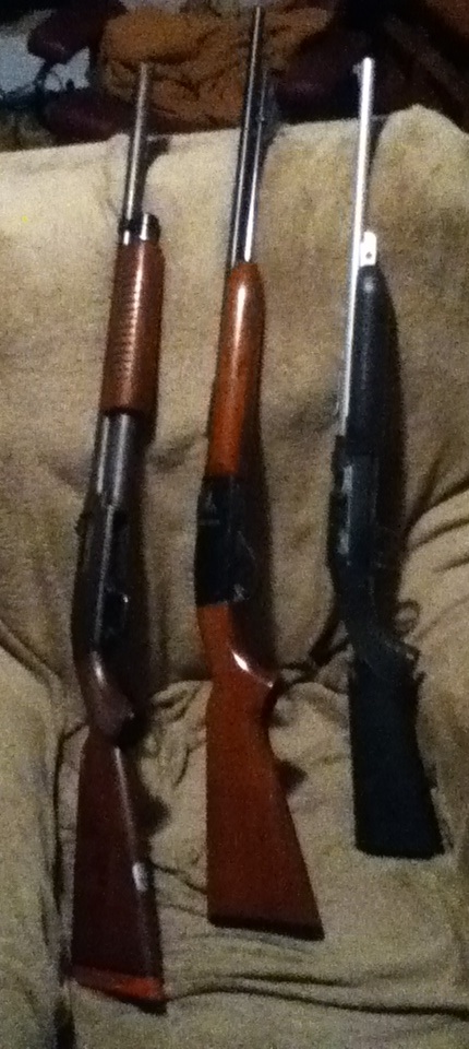 2006 Ford E350 - Three firearms, two with wooden stocks and one with a black stock, are displayed on a couch.