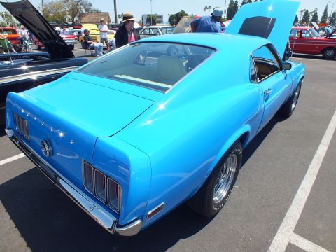 Light blue Ford Mustang fastback rear three-quarter view at a car show
