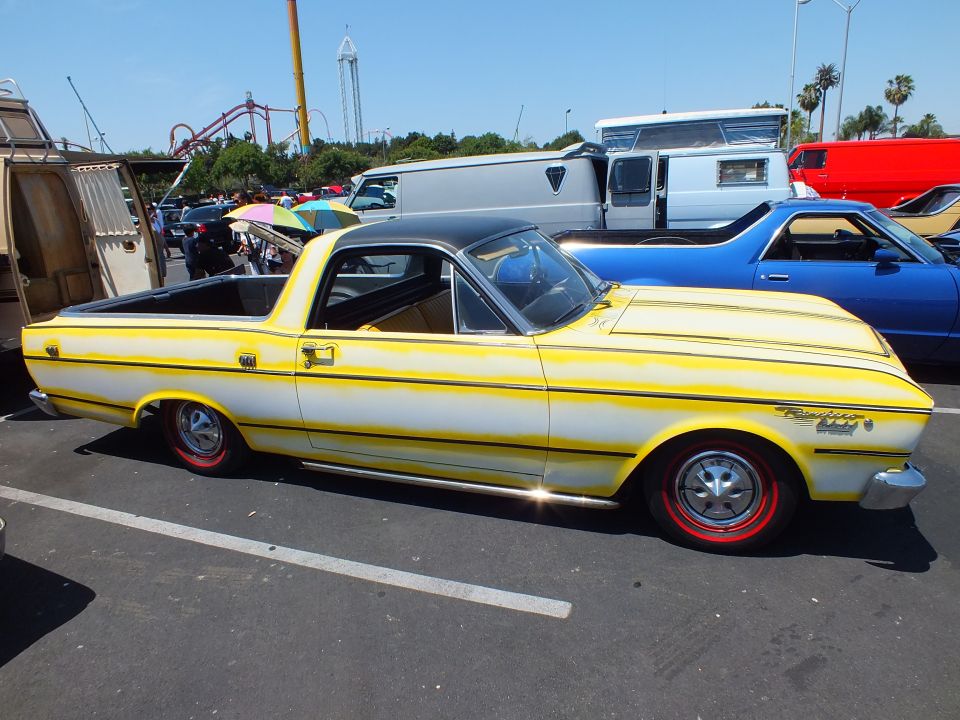 Yellow-and-white striped Ford Falcon Ranchero coupe-utility in profile