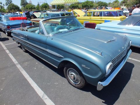Faded blue Ford Falcon Sprint convertible with wire wheels, front three-quarter